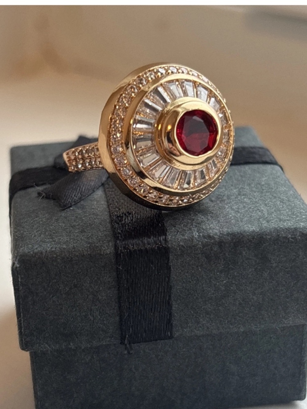 Rose Gold Plated Ruby Red Halo Ring Baguette CZ Statement Cocktail Ring Size